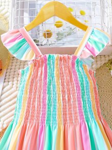 SHEIN 女孩條紋印花荷葉邊連衣裙 - 彩色 - 查看 4