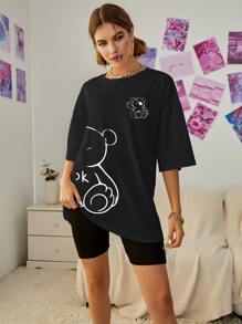INAWLY Bear Print Drop Shoulder Tee Graphic Tees Women Tops - Black - View 4