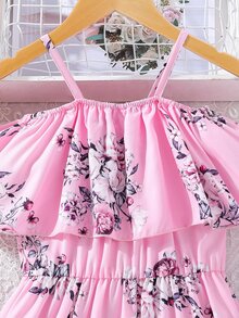 Chicas Vestido con estampado floral de hombros descubiertos bajo con fruncido - Rosa - Ver 3