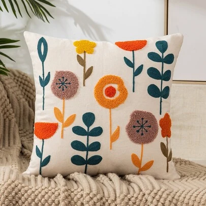 1 件花卉刺绣波西米亚风格方形抱枕套，适合客厅、卧室、所有季节