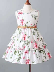 小女童印花層疊下擺繫腰帶連衣裙 - 白色 - 查看 1