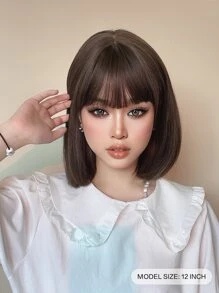 1件合成耐熱假髮，短波浪鮑伯髮型附瀏海，12英吋長，纖維材質，適合日常配戴，自然逼真，萬聖節 - 棕色 - 查看 3