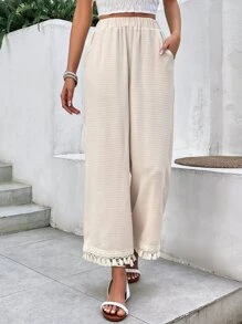 SHEIN Frenchy Tassel Trim Wide Leg Trousers - Apricot - View 1