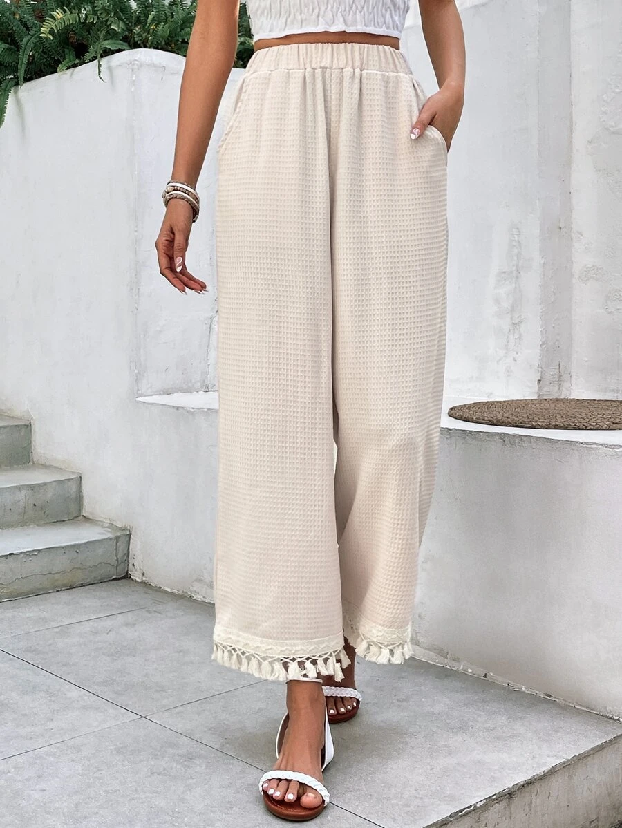 SHEIN Frenchy Tassel Trim Wide Leg Trousers - Apricot - View 1