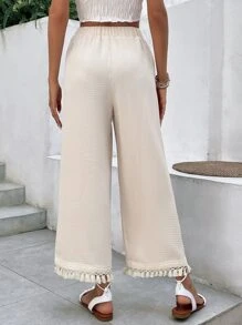 SHEIN Frenchy Tassel Trim Wide Leg Trousers - Apricot - View 2