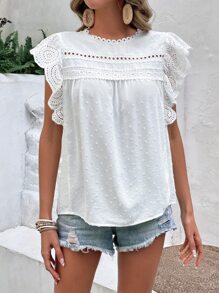 SHEIN Frenchy Chemise À Volants En Dentelle De Patchwork Couleur Unie Avec Broderie Ajourée