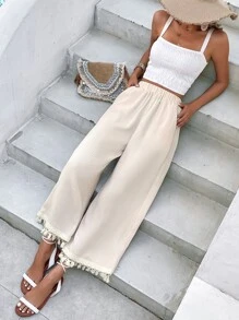 SHEIN Frenchy Tassel Trim Wide Leg Trousers - Apricot - View 3