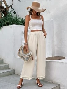 SHEIN Frenchy Tassel Trim Wide Leg Trousers - Apricot - View 5