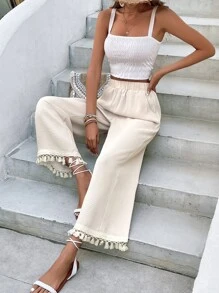 SHEIN Frenchy Tassel Trim Wide Leg Trousers - Apricot - View 6