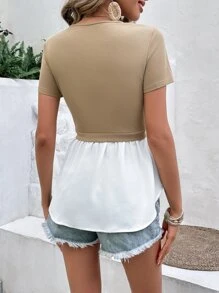 SHEIN Frenchy Áo nữ Viên lá sen Khối Màu Giải trí - Màu Khaki - Xem 2