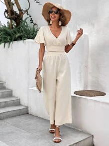 SHEIN Frenchy Solid Butterfly Sleeve Blouse & Wide Leg Pants - Apricot - View 4