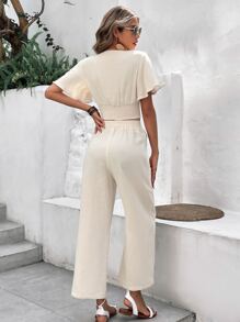 SHEIN Frenchy Solid Butterfly Sleeve Blouse & Wide Leg Pants - Apricot - View 2