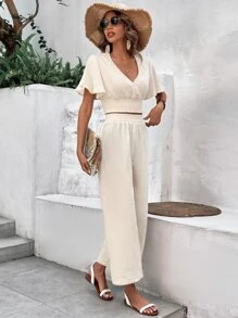 SHEIN Frenchy Solid Butterfly Sleeve Blouse & Wide Leg Pants - Apricot - View 3
