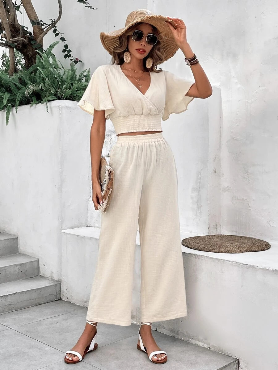 SHEIN Frenchy Solid Butterfly Sleeve Blouse & Wide Leg Pants - Apricot - View 1