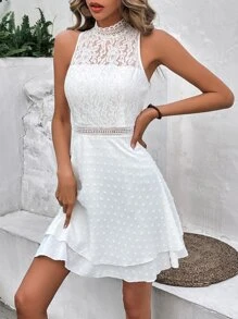 SHEIN Frenchy Đầm Dây kéo Tương phản ren phân lớp màu trơn Boho - trắng - Xem 3