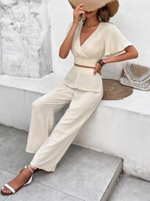 SHEIN Frenchy Solid Butterfly Sleeve Blouse & Wide Leg Pants - Apricot - View 5