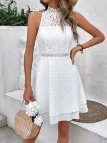 SHEIN Frenchy Đầm Dây kéo Tương phản ren phân lớp màu trơn Boho - trắng - Xem 4