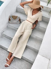 SHEIN Frenchy Solid Butterfly Sleeve Blouse & Wide Leg Pants - Apricot - View 6