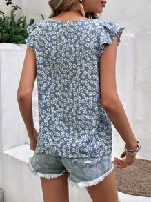 SHEIN Frenchy Flower Printed Ruffle Trim Decorated Blouse Summer Vacation Blue