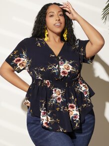 SHEIN CURVE+ Plus Floral Print Asymmetrical Hem Peplum Blouse - Navy Blue - View 8