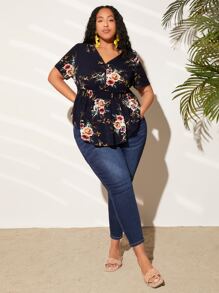 SHEIN CURVE+ Plus Floral Print Asymmetrical Hem Peplum Blouse - Navy Blue - View 3