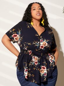 SHEIN CURVE+ Plus Floral Print Asymmetrical Hem Peplum Blouse - Navy Blue - View 4