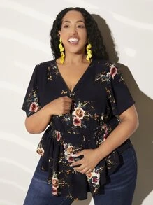 SHEIN CURVE+ Plus Floral Print Asymmetrical Hem Peplum Blouse - Navy Blue - View 5