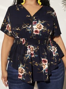 SHEIN CURVE+ Plus Floral Print Asymmetrical Hem Peplum Blouse - Navy Blue - View 6