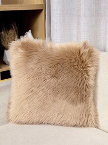 1入組植絨靠墊套不附帶墊芯卡其色毛茸茸裝飾抱枕套適用於沙發 - 卡其色 - 查看 1