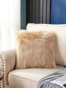 1入組植絨靠墊套不附帶墊芯卡其色毛茸茸裝飾抱枕套適用於沙發 - 卡其色 - 查看 3