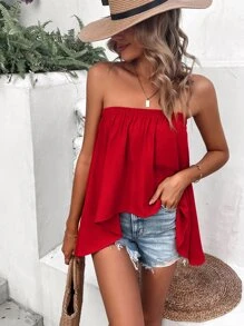 SHEIN VCAY Solid Asymmetrical Hem Tube Top - Red - View 4