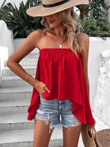 SHEIN VCAY Solid Asymmetrical Hem Tube Top - Red - View 6
