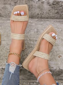 Women Anti-slip Double Strap Slides, Vacation Summer Linen Two Part Slides - Khaki - View 2