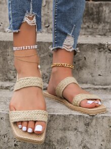 Women Anti-slip Double Strap Slides, Vacation Summer Linen Two Part Slides - Khaki - View 4