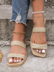 Women Anti-slip Double Strap Slides, Vacation Summer Linen Two Part Slides - Khaki - View 5