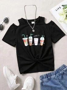 Girls Beverage & Letter Graphic Cold Shoulder Tee - Black - View 1