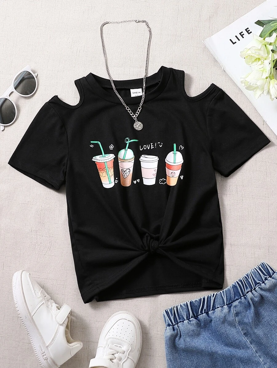 Girls Beverage & Letter Graphic Cold Shoulder Tee - Black - View 1