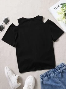 Girls Beverage & Letter Graphic Cold Shoulder Tee - Black - View 2
