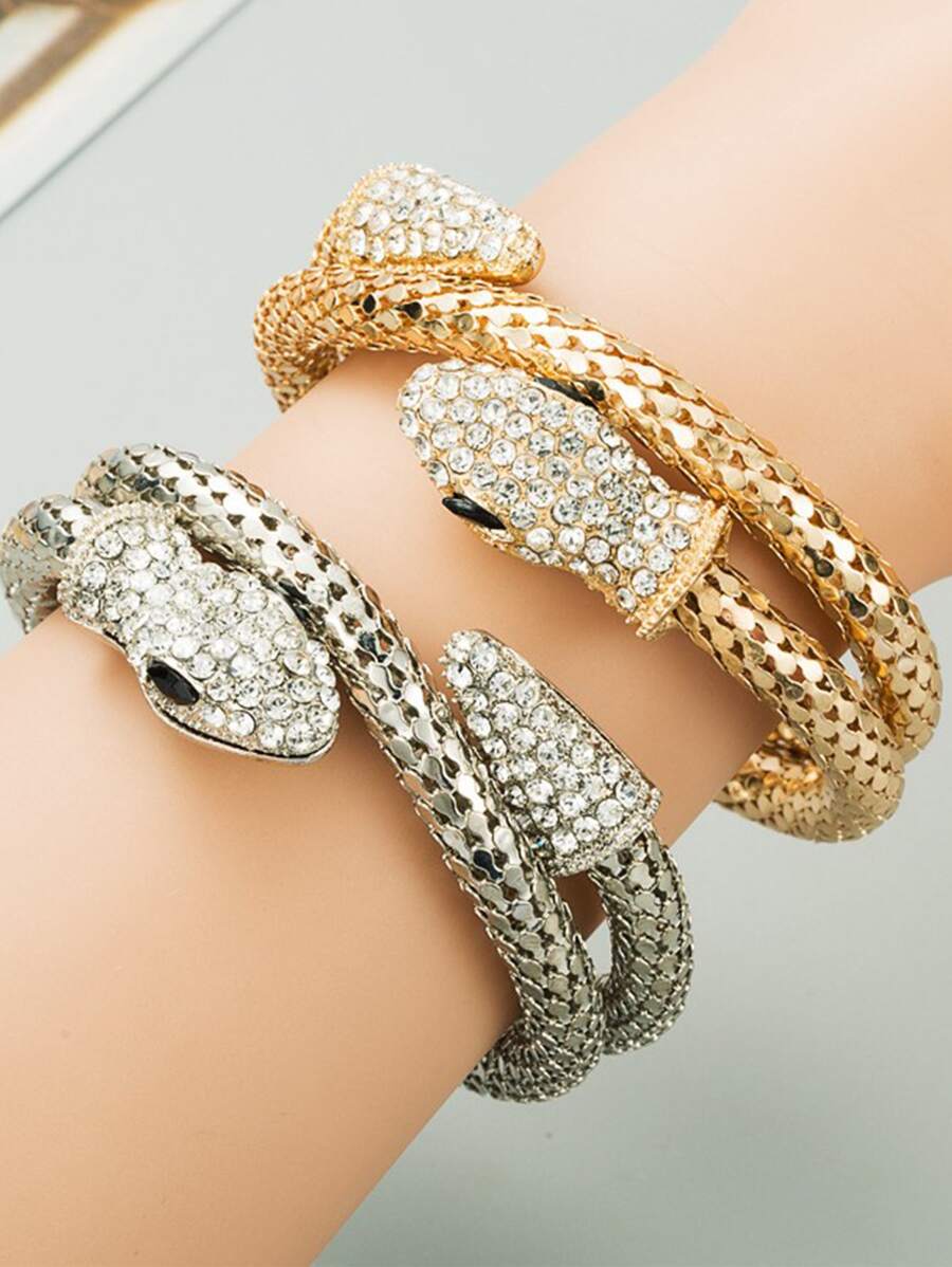 1pc Random Color Rhinestone Decor Snake Design Cuff Bangle - Multicolor - View 1