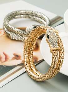 1pc Random Color Rhinestone Decor Snake Design Cuff Bangle - Multicolor - View 6