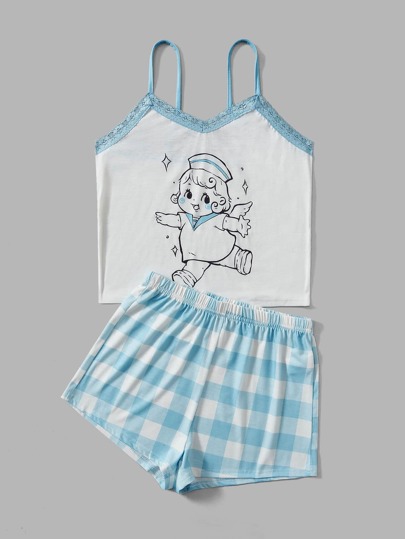 Cartoon Graphic Contrast Lace Cami Top & Gingham Shorts PJ Set