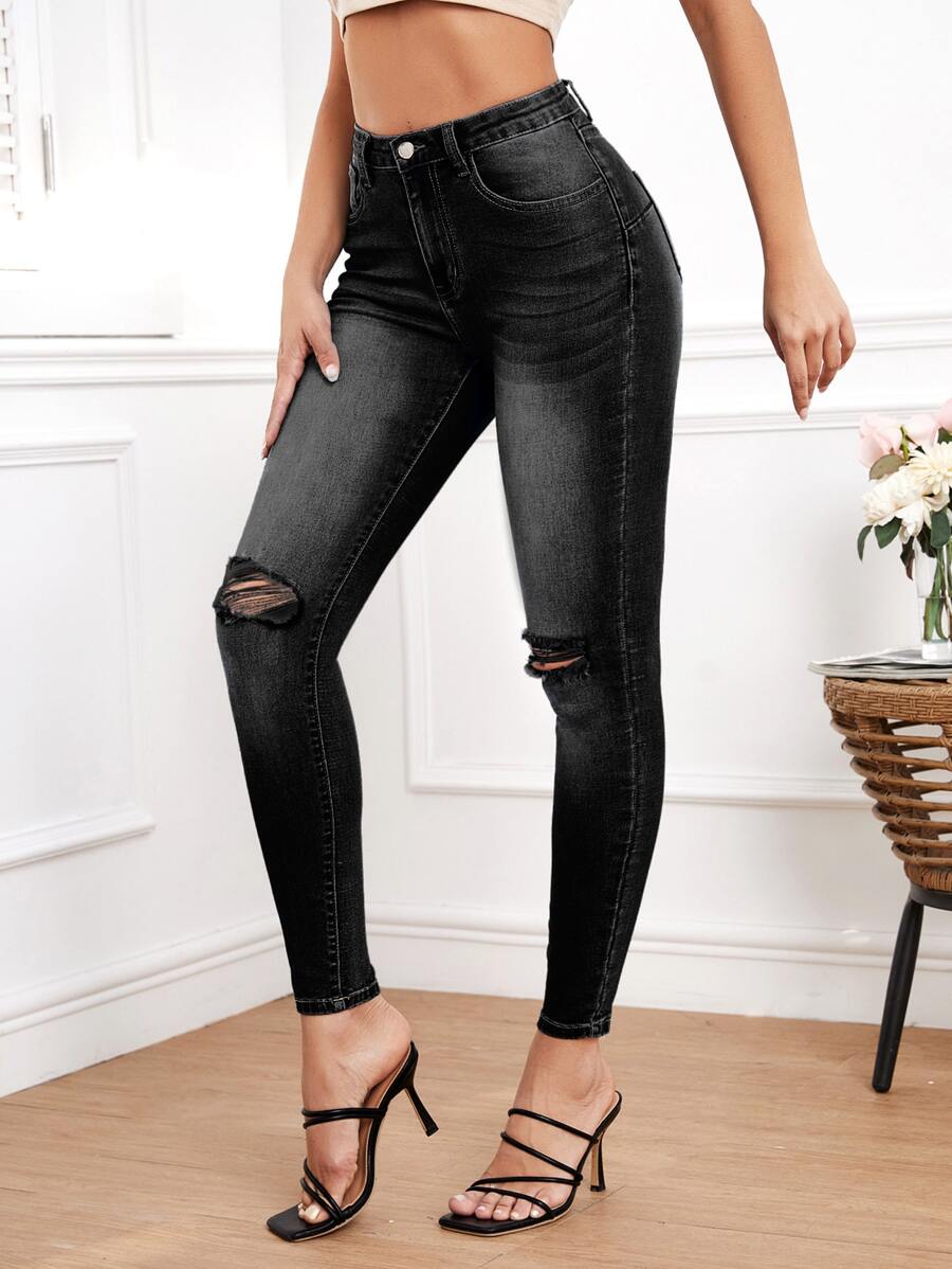 高腰破洞緊身牛仔褲 - 黑色 - 查看 1