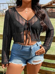 SHEIN Holidaya 大碼前繫帶流蘇下擺薄透短款上衣不附文胸 - 黑色 - 查看 2