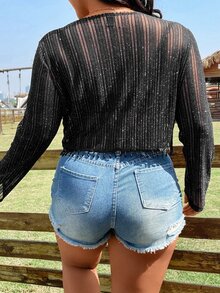 SHEIN Holidaya 大碼前繫帶流蘇下擺薄透短款上衣不附文胸 - 黑色 - 查看 3