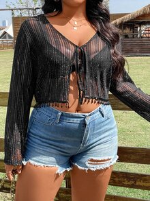 SHEIN Holidaya 大碼前繫帶流蘇下擺薄透短款上衣不附文胸 - 黑色 - 查看 5