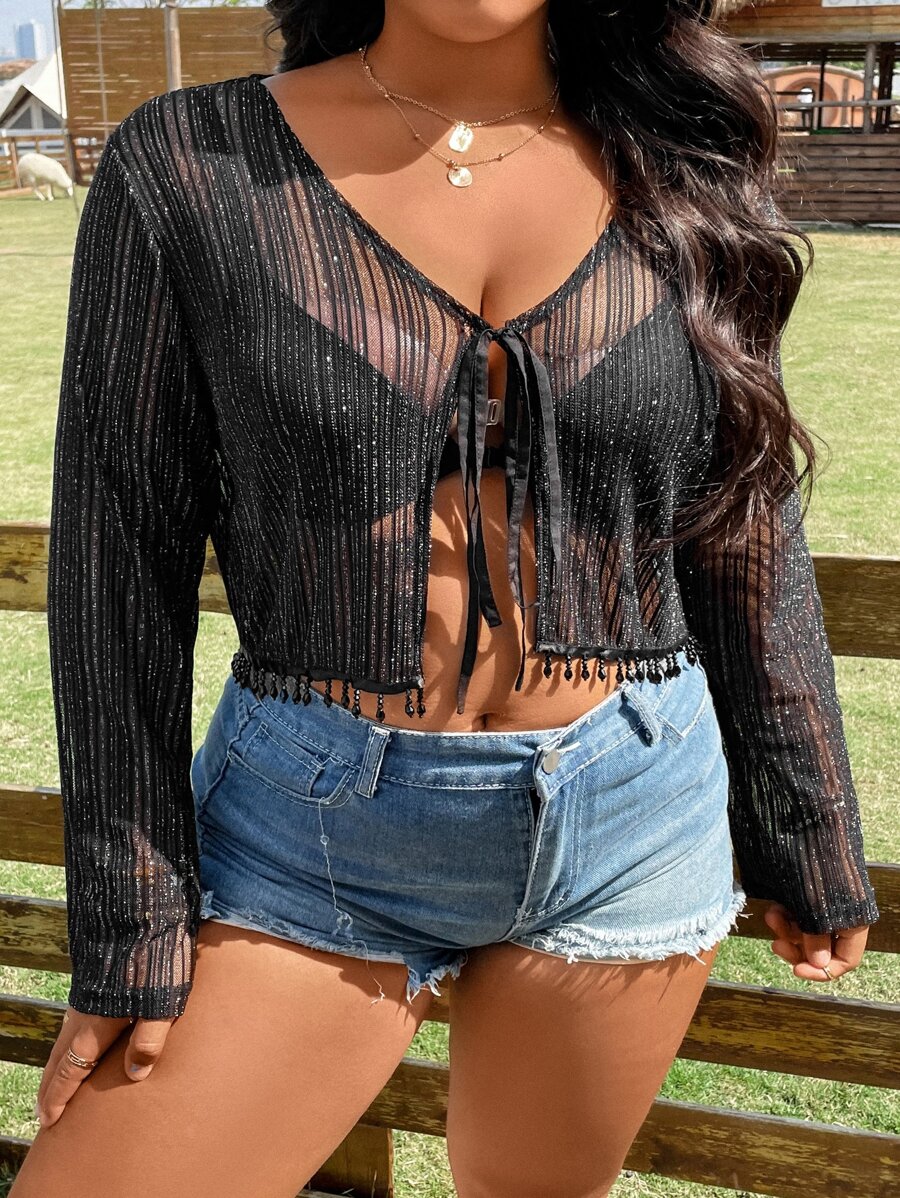 SHEIN Holidaya 大碼前繫帶流蘇下擺薄透短款上衣不附文胸 - 黑色 - 查看 1