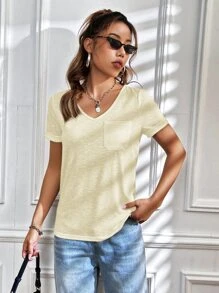 SHEIN EZwear 素色口袋貼布T恤 - 杏色 - 查看 4