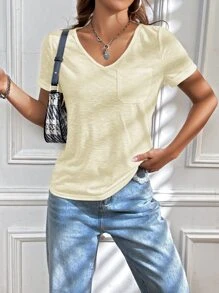 SHEIN EZwear 素色口袋貼布T恤 - 杏色 - 查看 5