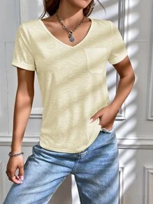 SHEIN EZwear 素色口袋貼布T恤 - 杏色 - 查看 6