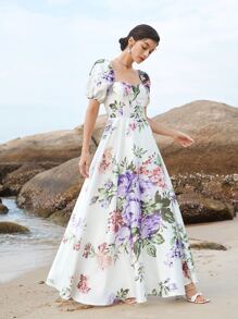 SHEIN Belle Floral Print Puff Sleeve Dress - Multicolor - View 3